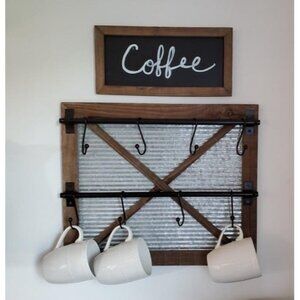 New Rustic Farmhouse Mug Rack Wall Mounted with Blackboard